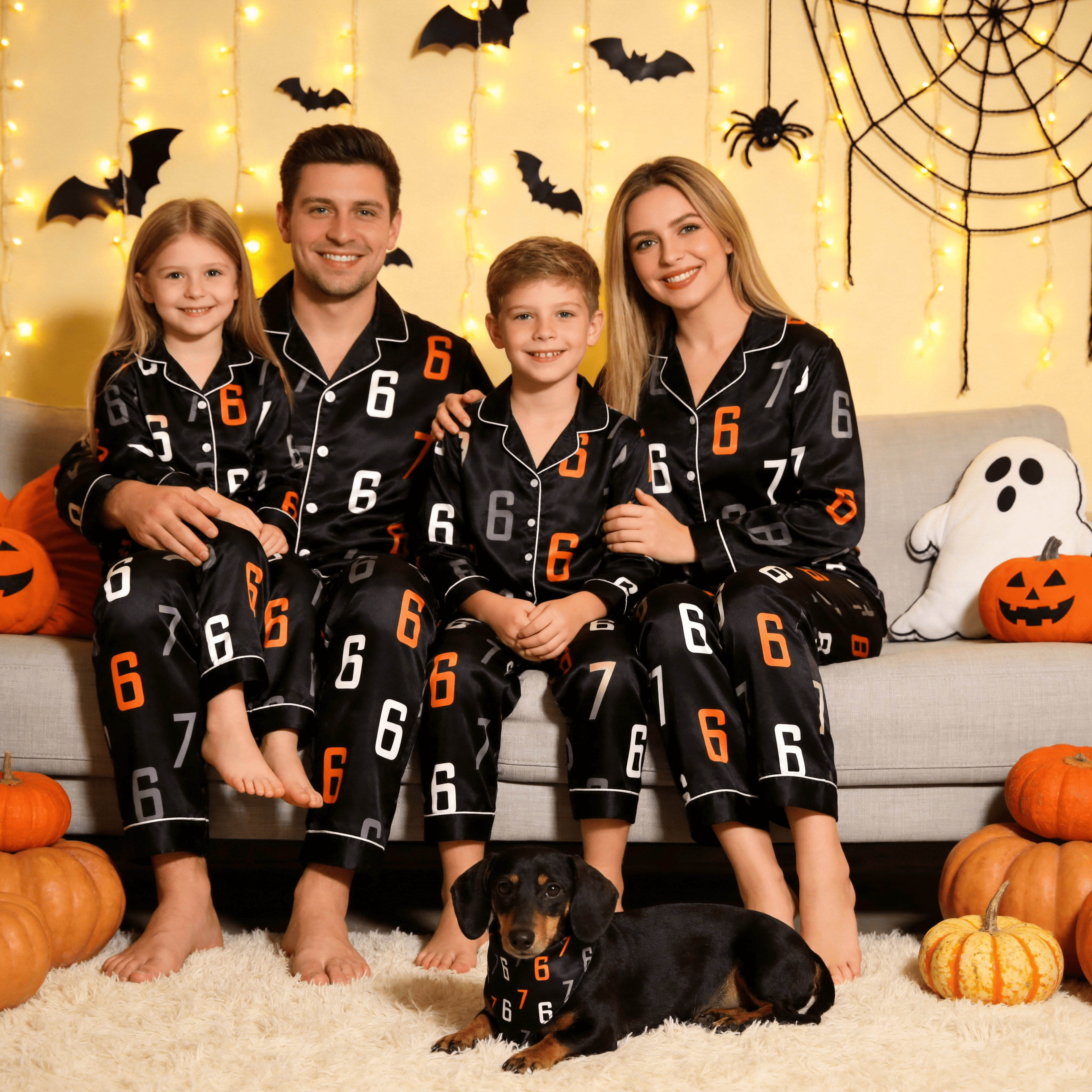 Minimalist Numbers Print Satin Button-Up Family Pajamas Set
