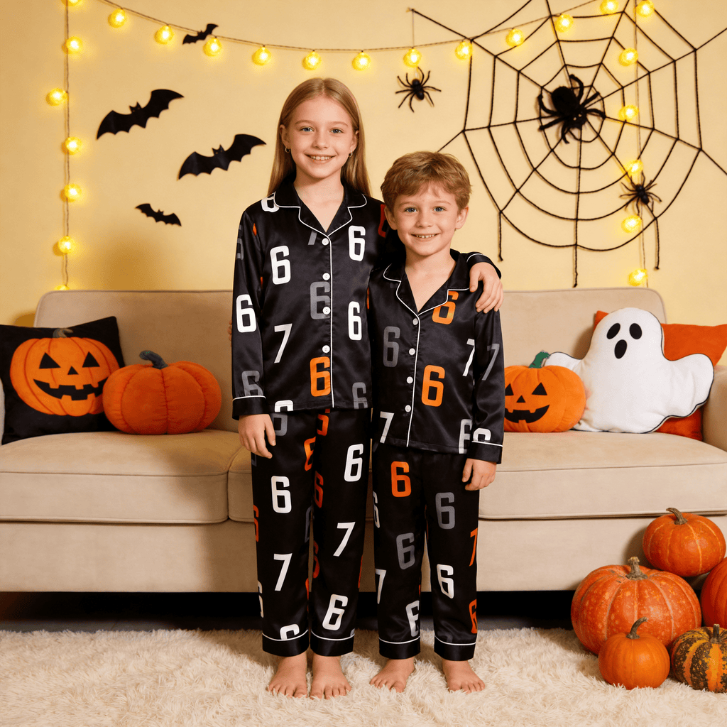 Minimalist Numbers Print Satin Button-Up Family Pajamas Set