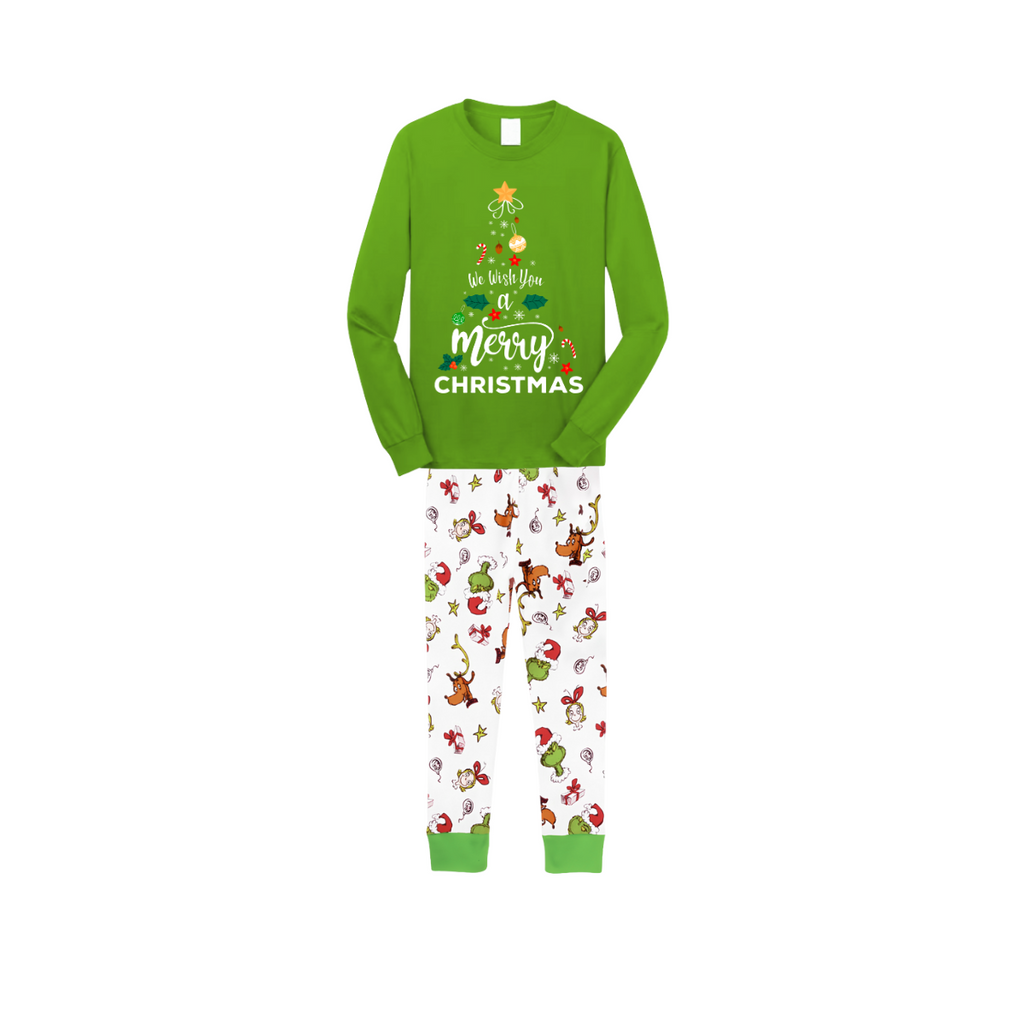 We Wish You a Merry Christmas Family Pajamas Set - Green Top / Cartoon Animal Print White Pants / Matching Green Sleeves