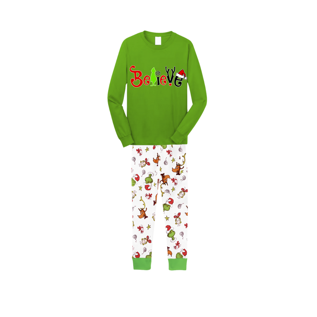 Believe Letter Print Family Pajamas Set - Green Top, White Pants, Cartoon Pattern