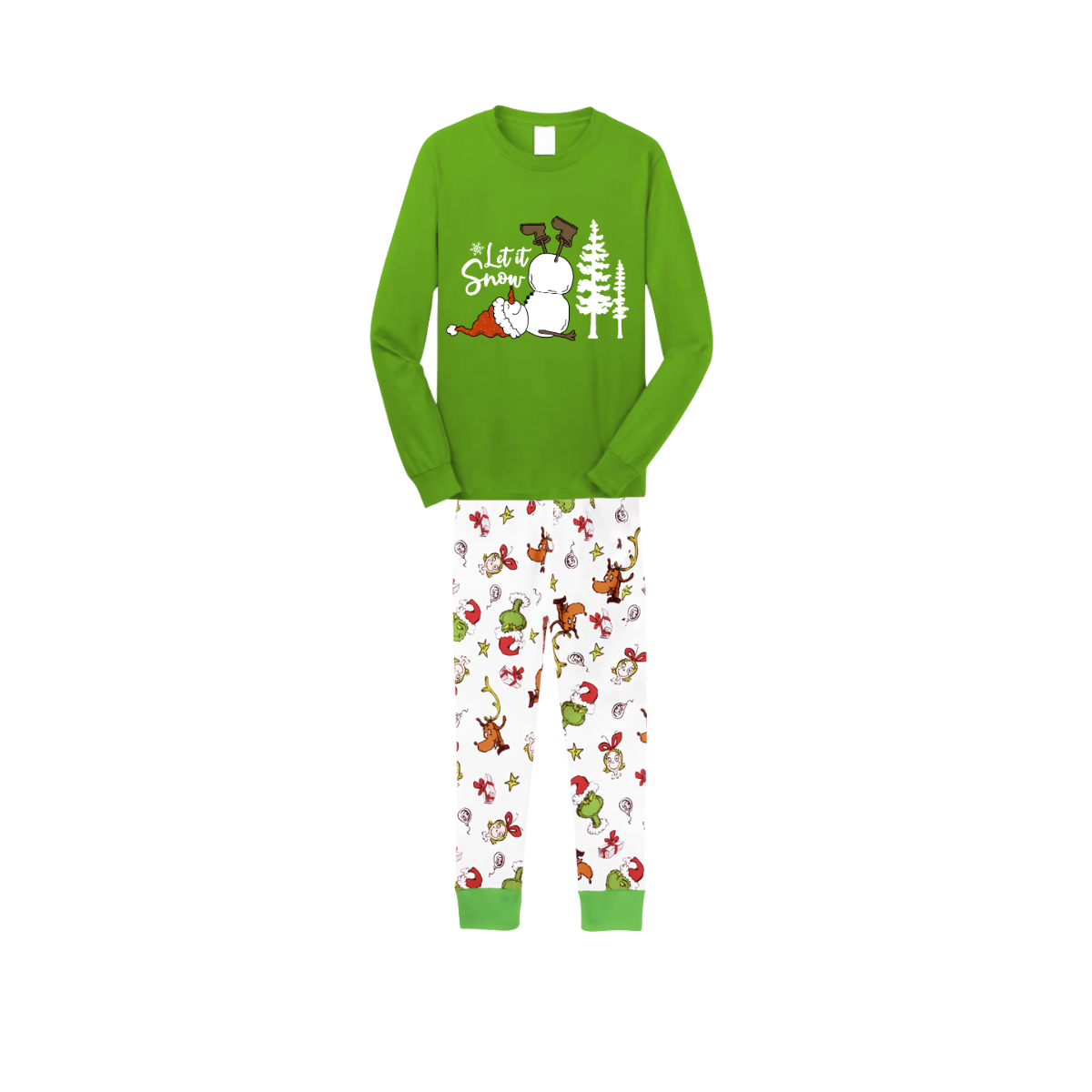 Let It Snow Family Christmas Pajamas - Green Cartoon Print