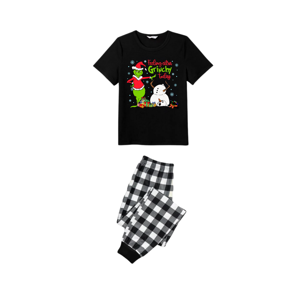 Black and White Plaid Christmas Short Sleeve Pajamas Set With Grinch and Snowman Print