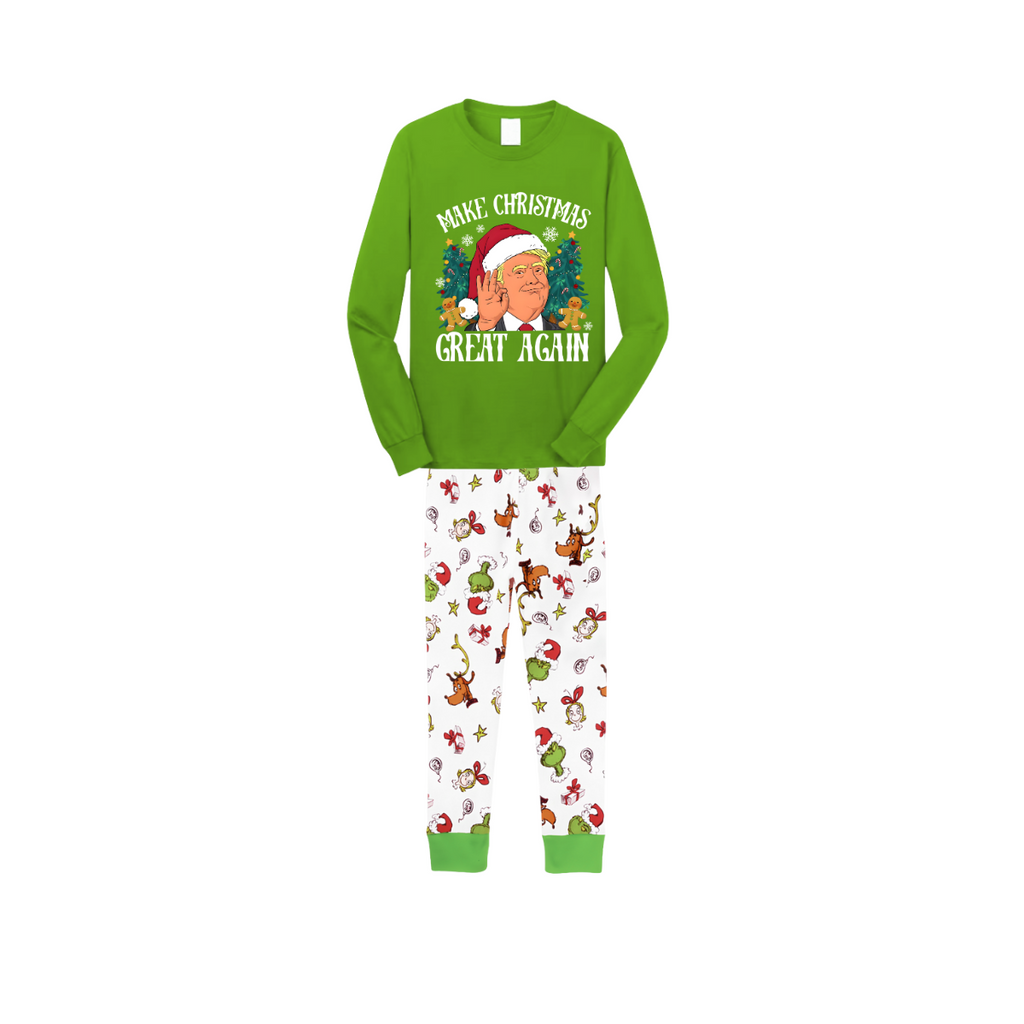 Christmas Cartoon Trump Make Christmas Great Again Family Pajamas Set - Green Top, White Pants, Cartoon Pattern