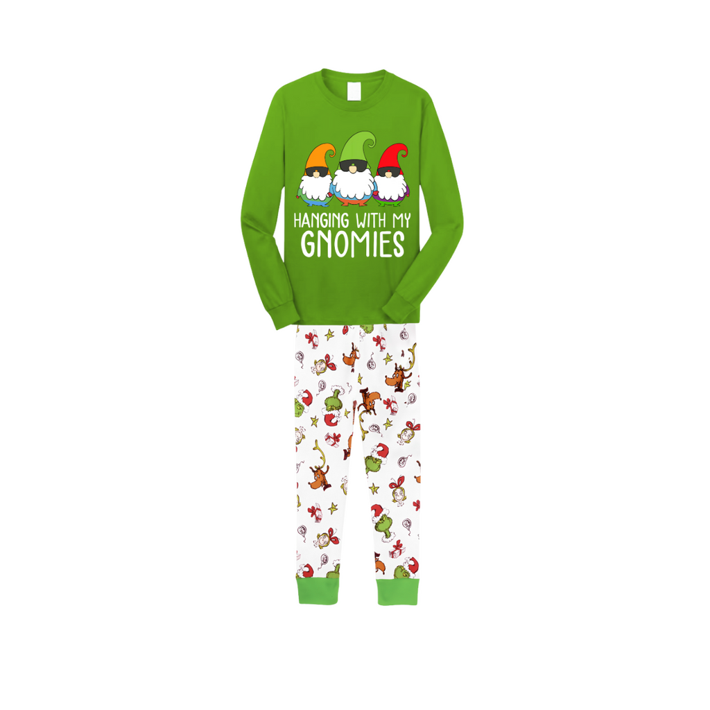 Hanging With My Gnomies Christmas 2026 Family Pajamas Set - Green Top, White Pants, White Christmas Cartoon Print