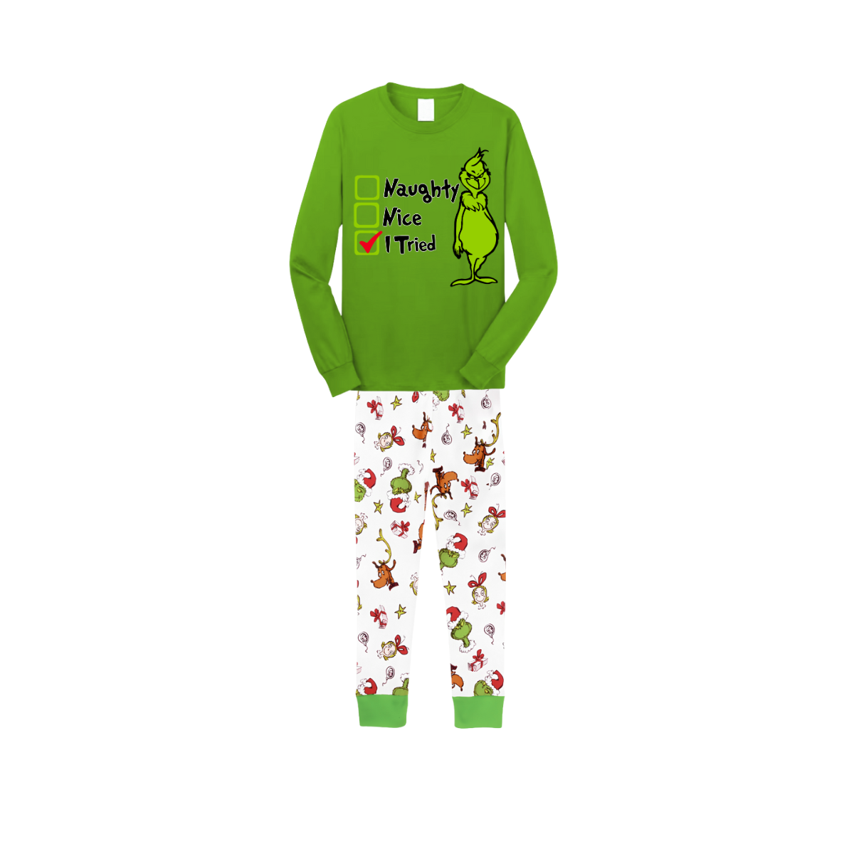 Grinch Holiday Pajama Set with Naughty/Nice Checklist and Christmas Characters