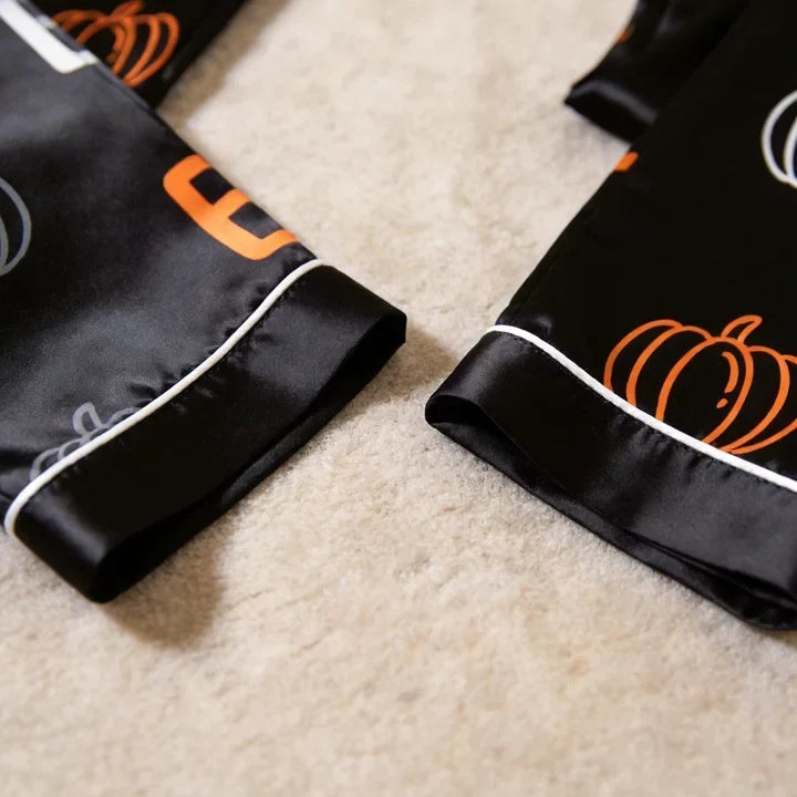 Pumpkin and 67 Number Print Satin Matching Pajamas for Couples ¨C Long Sleeve Button-Down Top & Pants Sleepwear Set