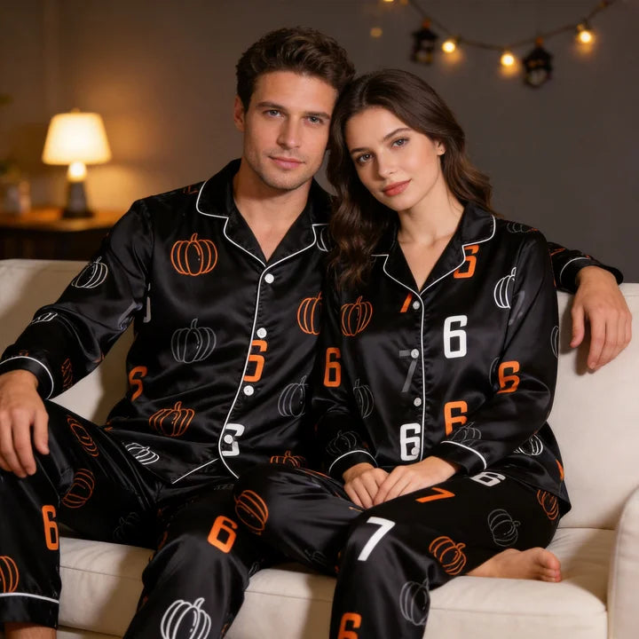Pumpkin and 67 Number Print Satin Matching Pajamas for Couples ¨C Long Sleeve Button-Down Top & Pants Sleepwear Set