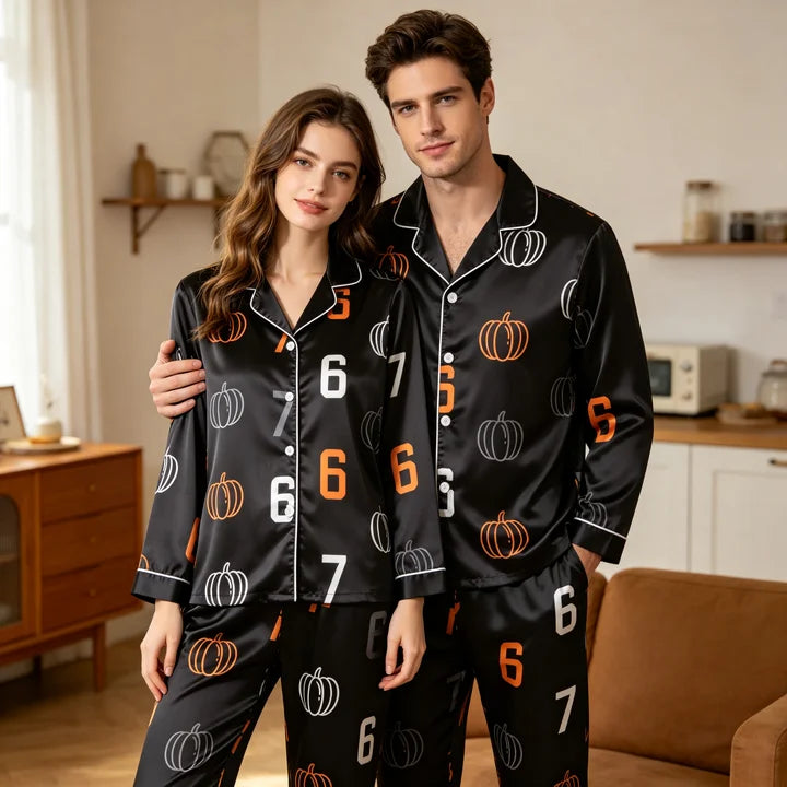 Pumpkin and 67 Number Print Satin Matching Pajamas for Couples ¨C Long Sleeve Button-Down Top & Pants Sleepwear Set