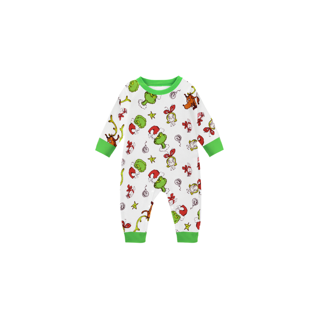 Hanging With My Gnomies Christmas 2026 Family Pajamas Set - Green Top, White Pants, White Christmas Cartoon Print