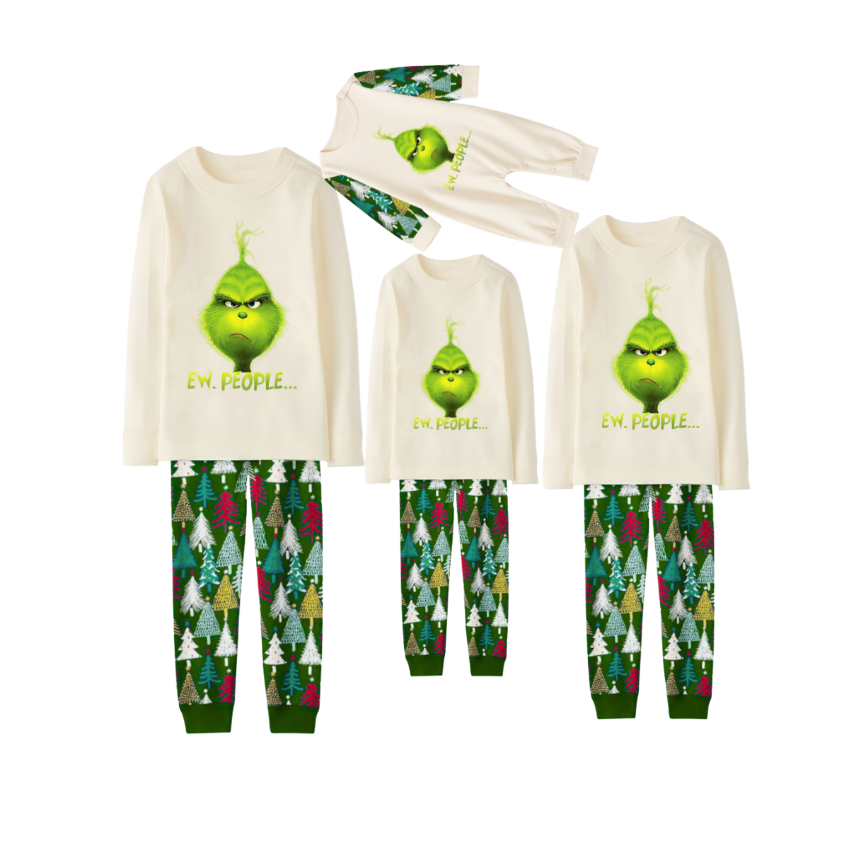 GrinchEw, People Family Christmas Pajamas  Cream Top with Christmas Tree Print