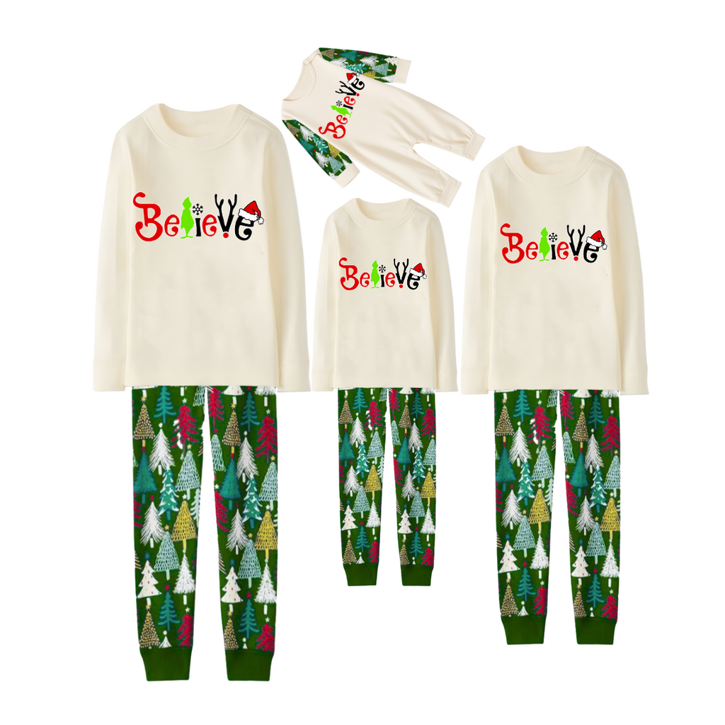 Believe Letter Print Family Pajamas Set - Cream Top, Green Pants, Christmas Tree Pattern