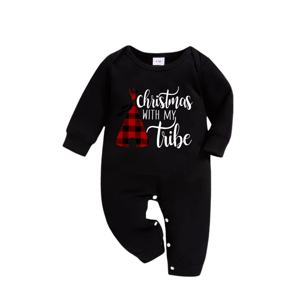 "Merry Christmas" Text Print Black Long Sleeve Top with Green and Black Plaid Family Matching Pajamas