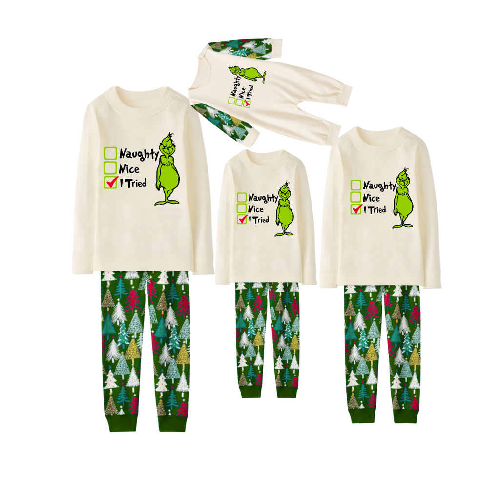 I Tried Grinch Christmas Pajama Set with Holiday Trees and Fun Prints