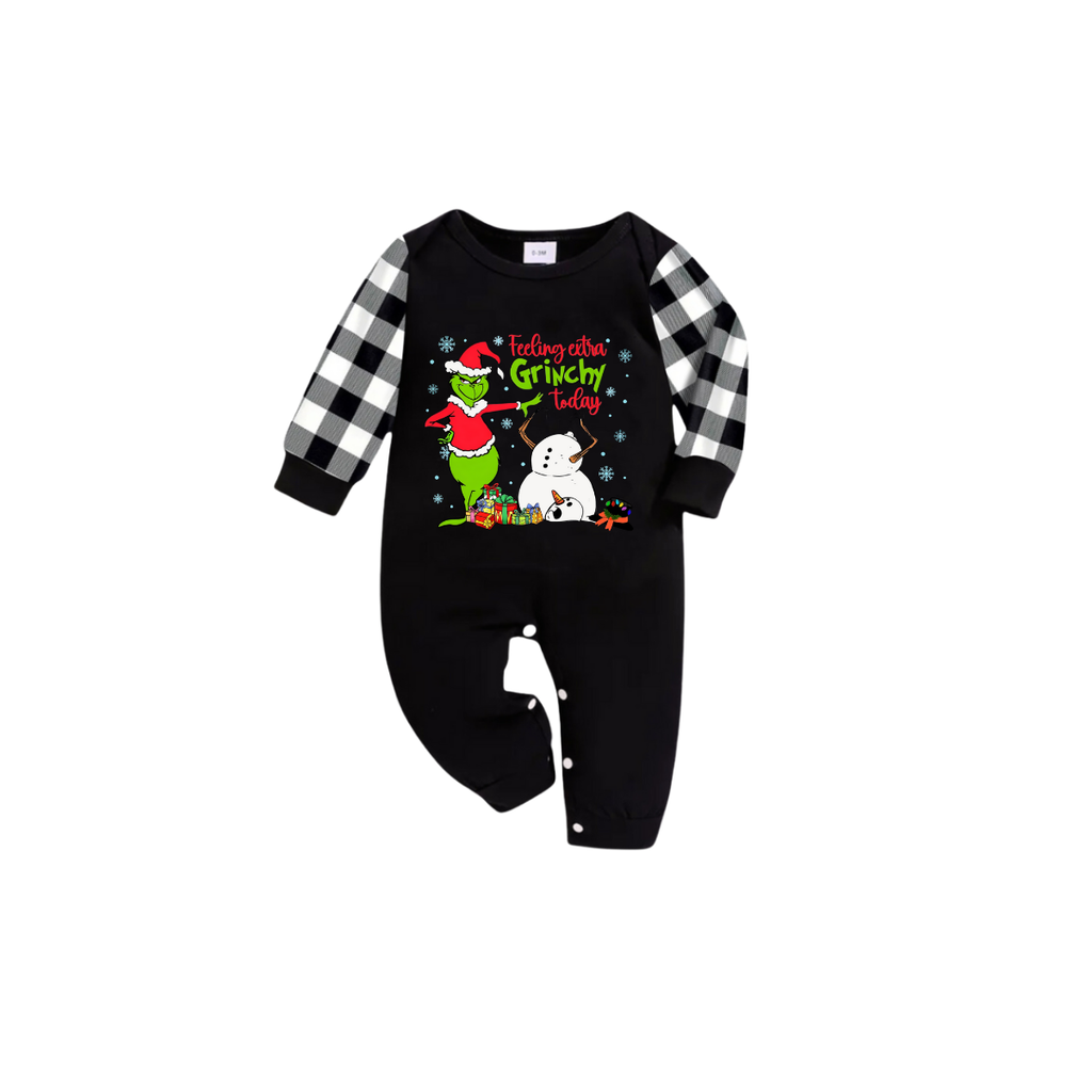 Black and White Plaid Christmas Short Sleeve Pajamas Set With Grinch and Snowman Print