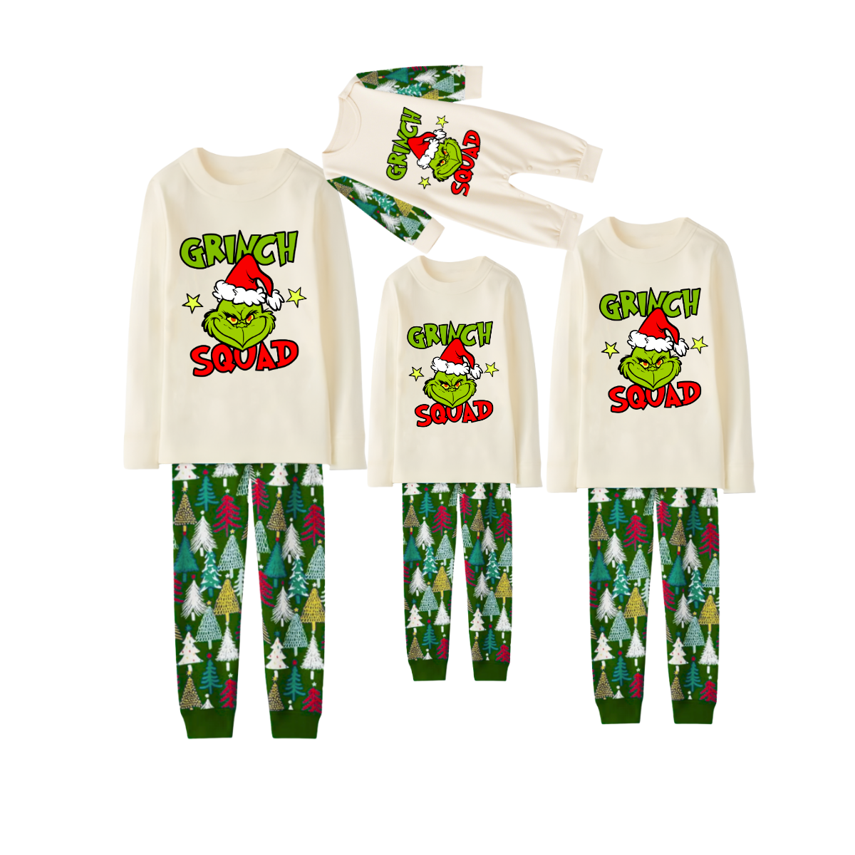 Grinch Squad Family Christmas Pajamas - White Top with Christmas Tree Pants