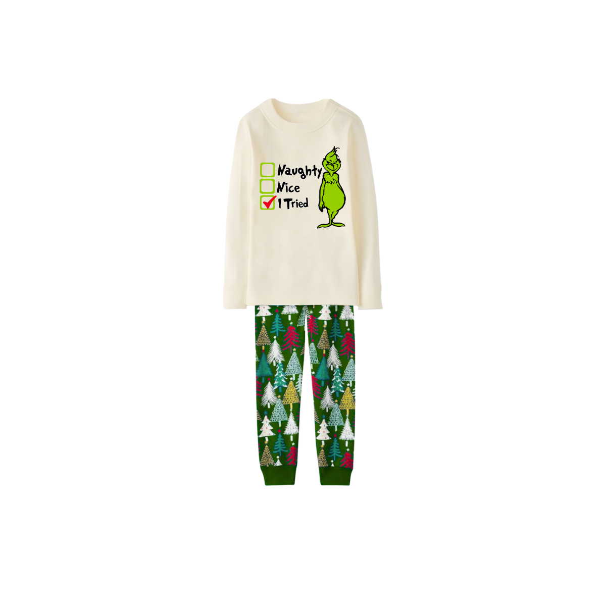 I Tried Grinch Christmas Pajama Set with Holiday Trees and Fun Prints