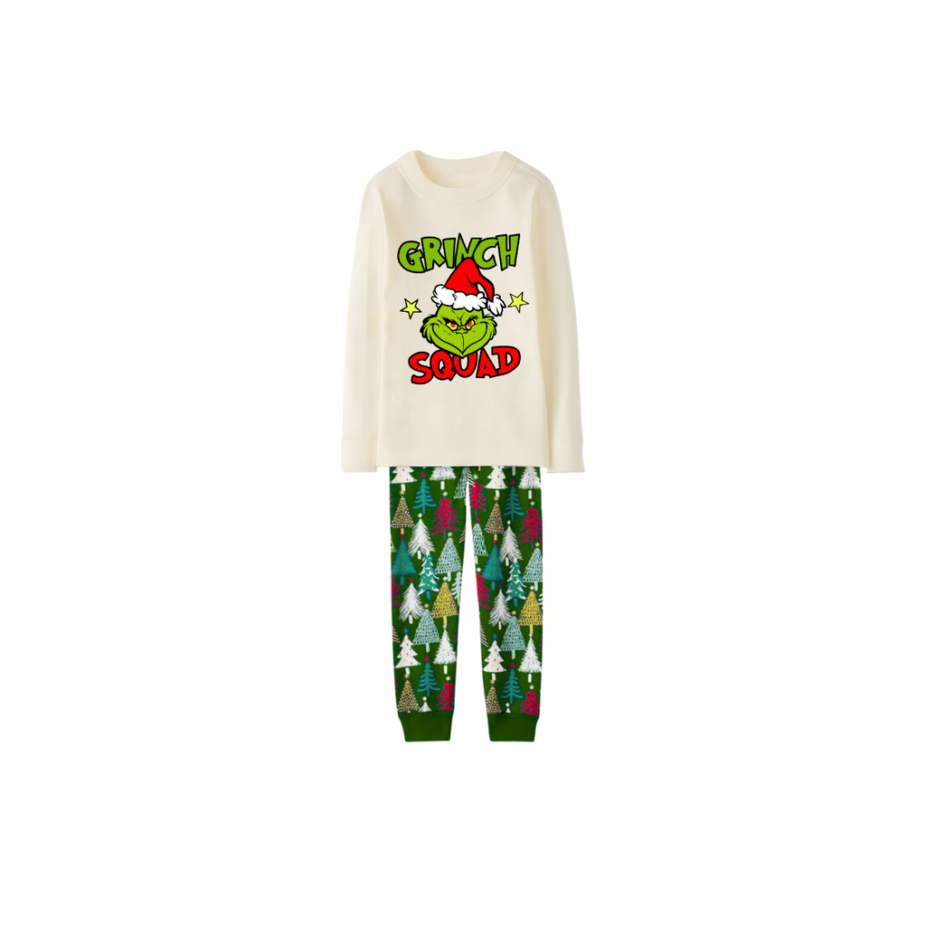 Grinch Squad Family Christmas Pajamas - White Top with Christmas Tree Pants