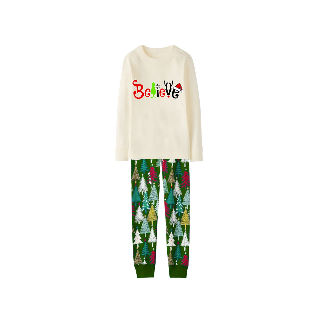 Believe Letter Print Family Pajamas Set - Cream Top, Green Pants, Christmas Tree Pattern