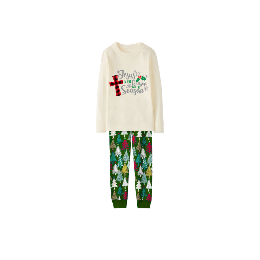 Matching Family Christmas Pajamas  Jesus Is the Reason, Cream & Tree Pattern