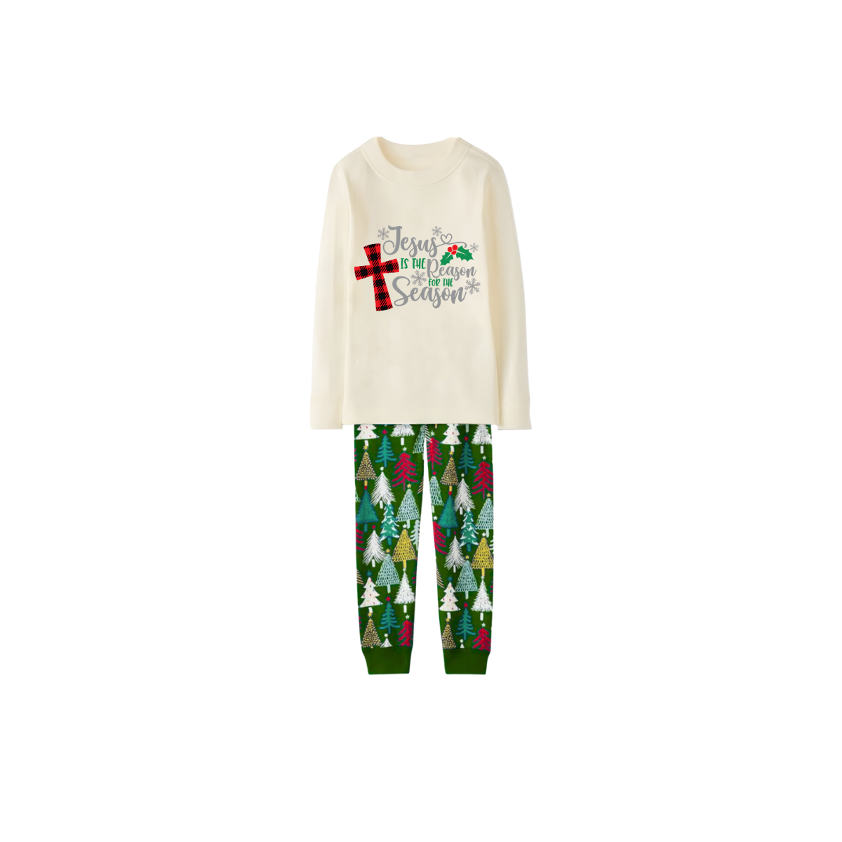 Matching Family Christmas Pajamas  Jesus Is the Reason, Cream & Tree Pattern