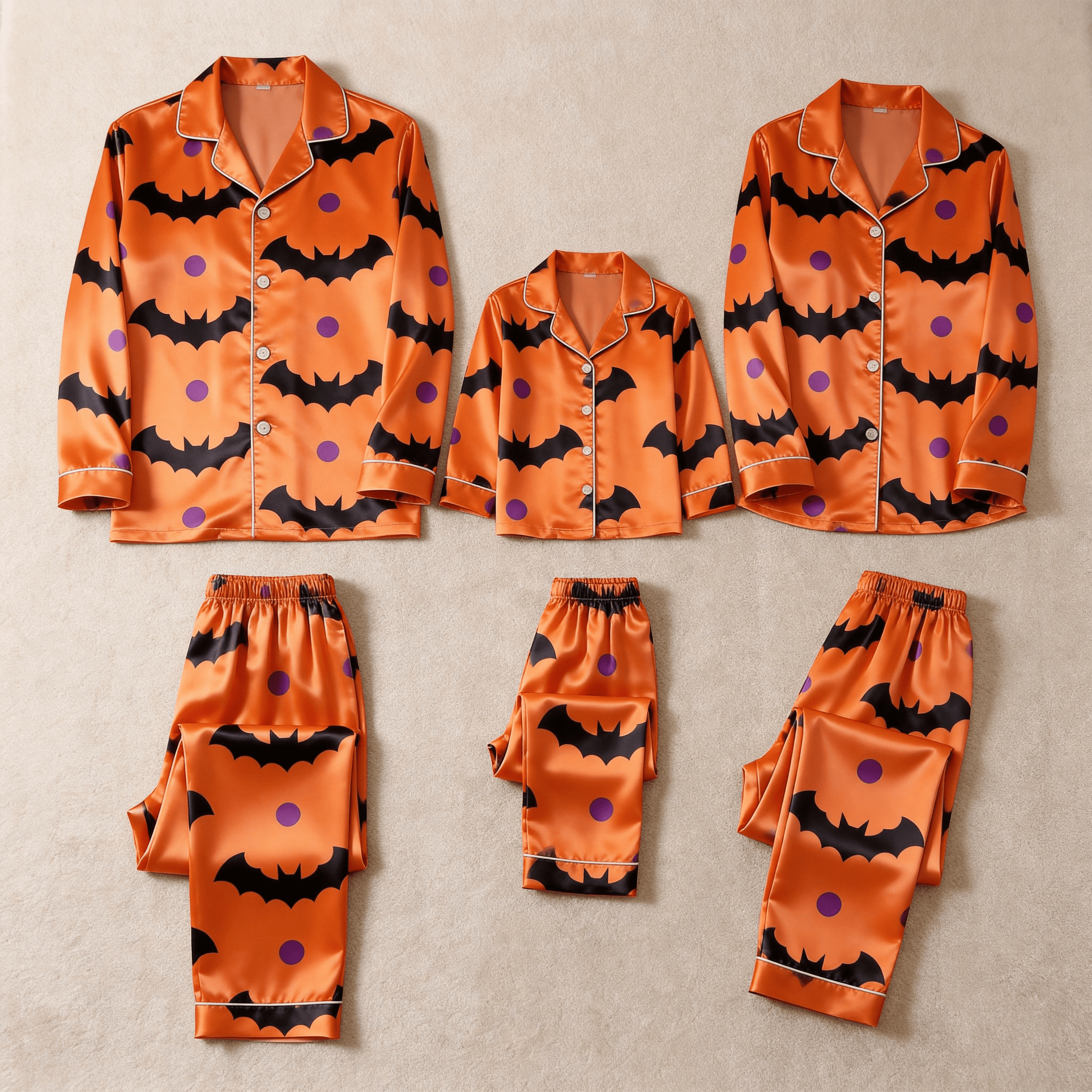 Orange Bat & Purple Dot Print Satin Button-Up Family Halloween Pajamas Set