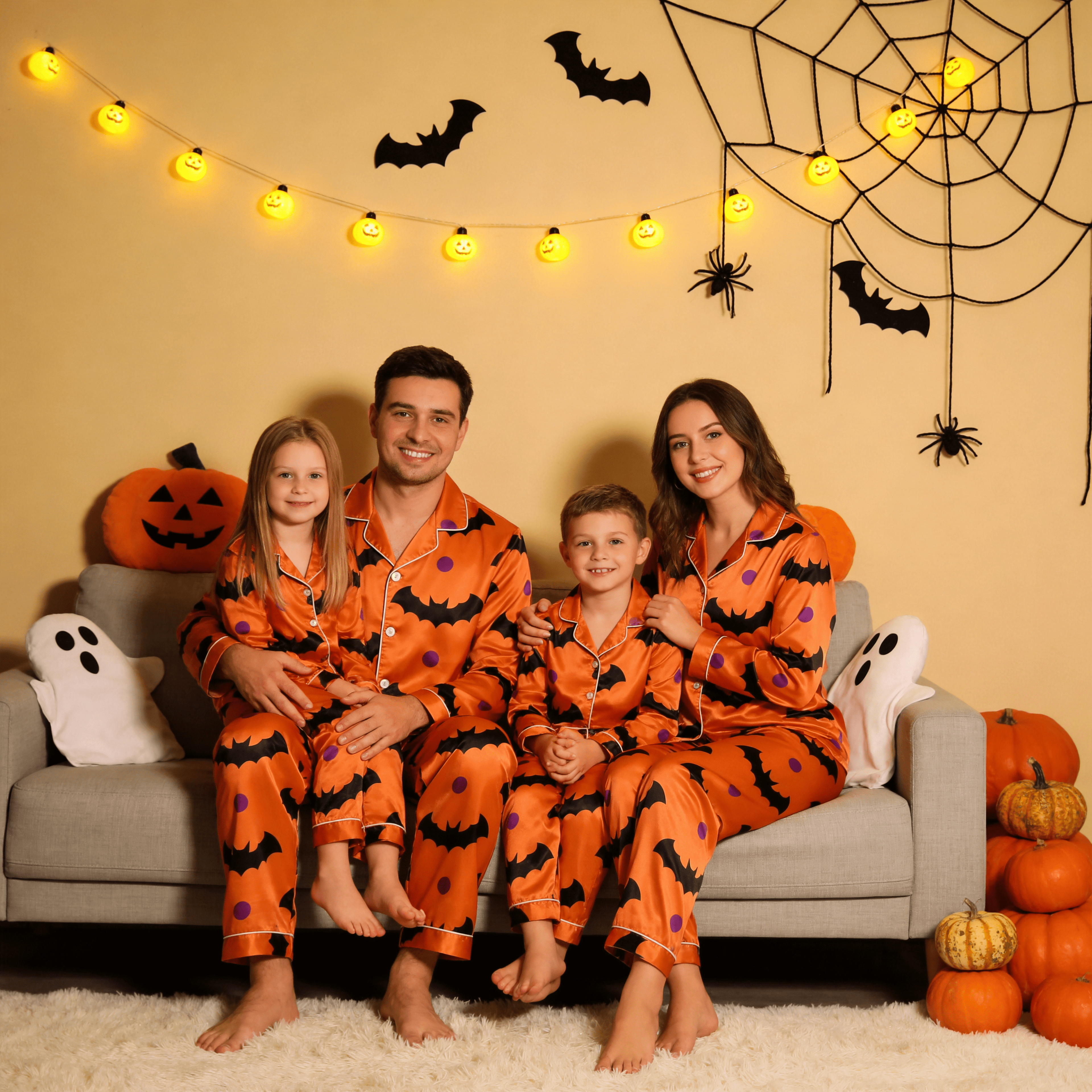 Orange Bat & Purple Dot Print Satin Button-Up Family Halloween Pajamas Set