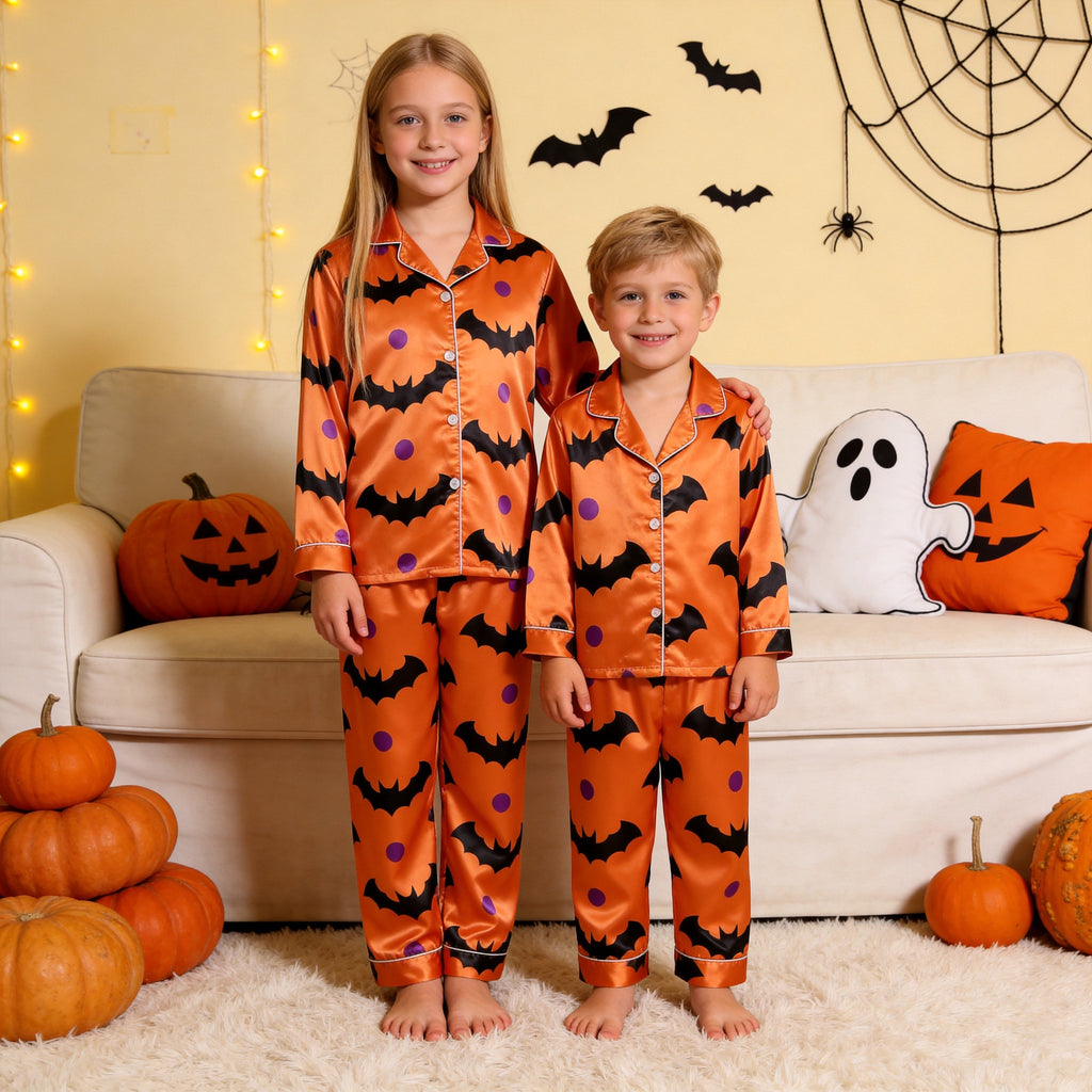 Orange Bat & Purple Dot Print Satin Button-Up Family Halloween Pajamas Set