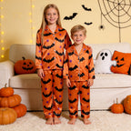Orange Bat & Purple Dot Print Satin Button-Up Family Halloween Pajamas Set