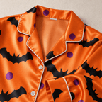 Bat and Polka Dot Satin Matching Pajamas for Couples ¨C Long Sleeve Button-Down Top & Pants Sleepwear Set