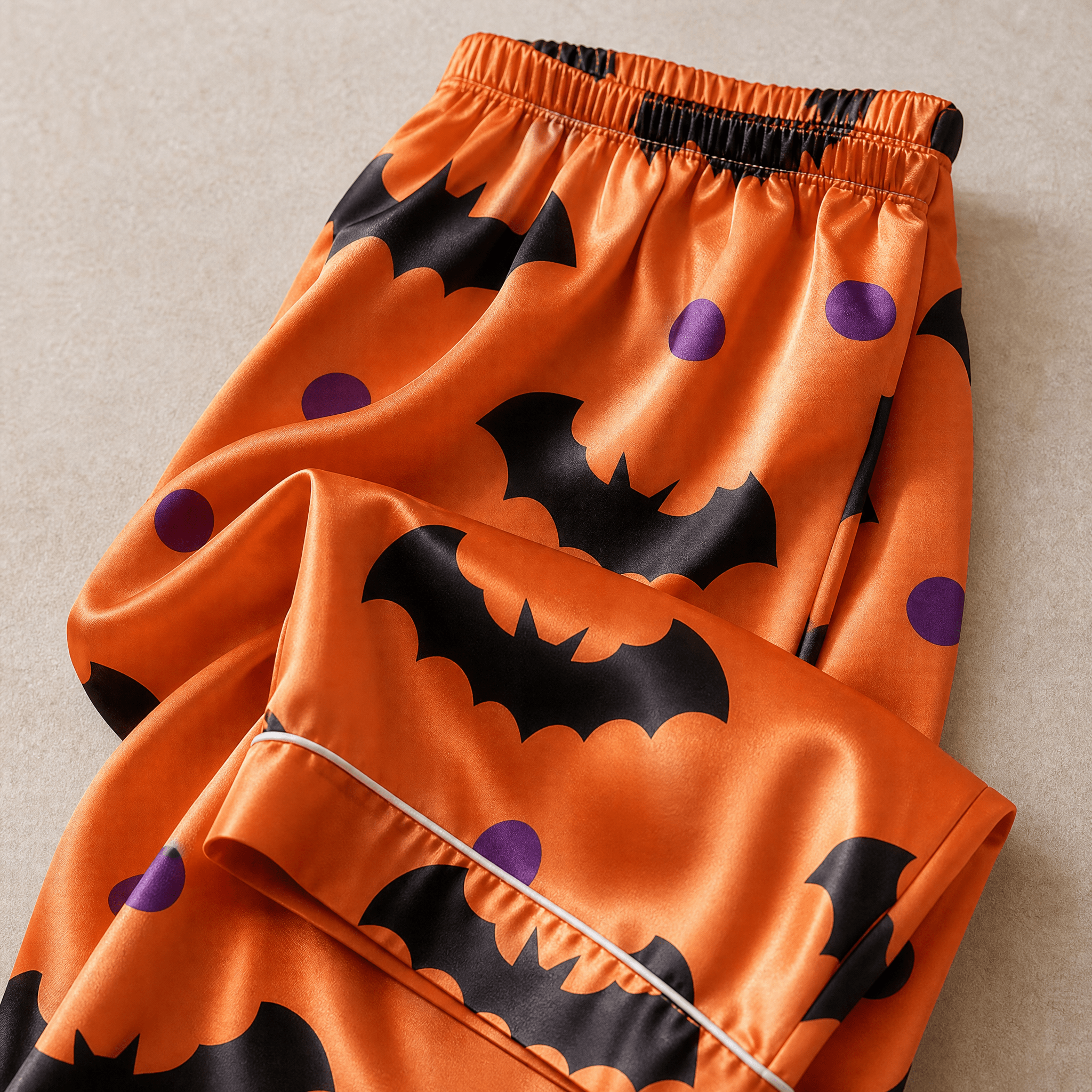Orange Bat & Purple Dot Print Satin Button-Up Family Halloween Pajamas Set