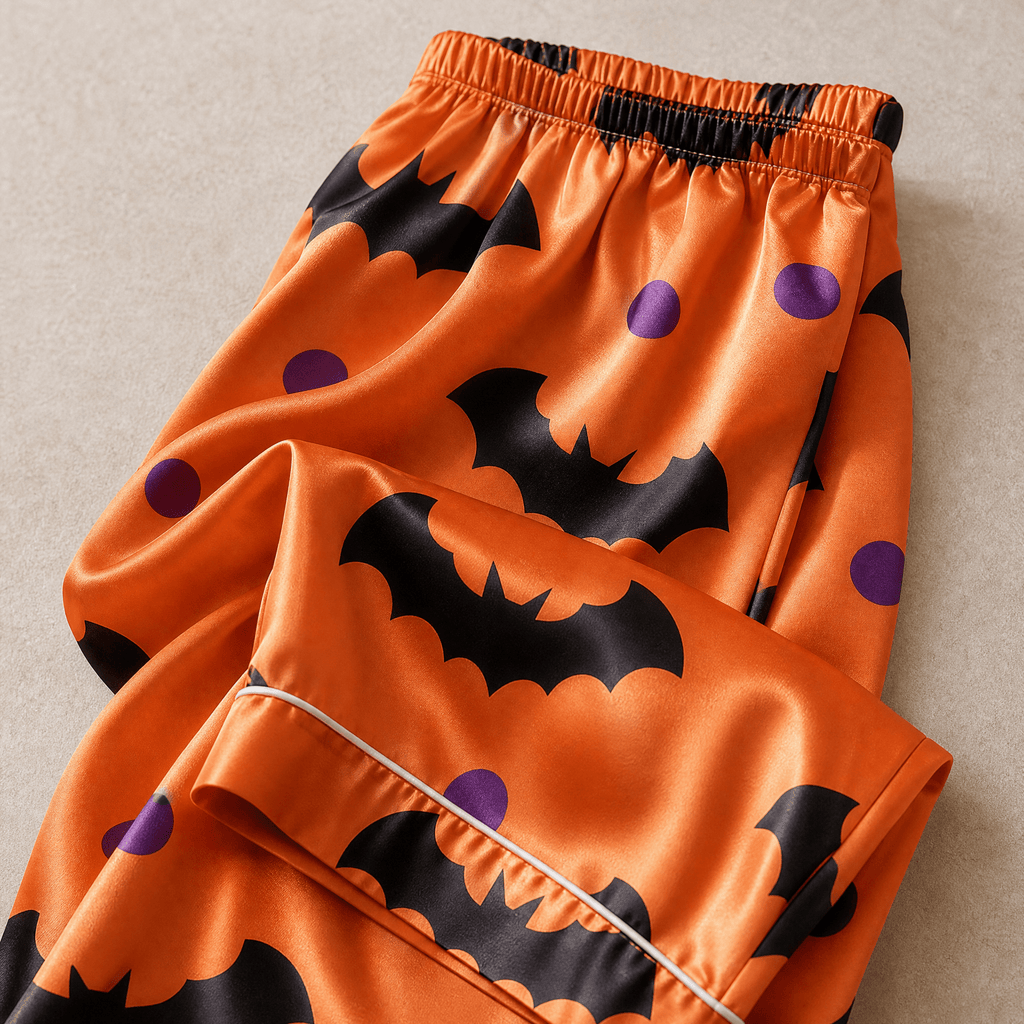 Bat and Polka Dot Satin Matching Pajamas for Couples ¨C Long Sleeve Button-Down Top & Pants Sleepwear Set