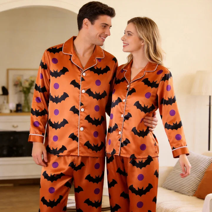 Bat and Polka Dot Satin Matching Pajamas for Couples ¨C Long Sleeve Button-Down Top & Pants Sleepwear Set