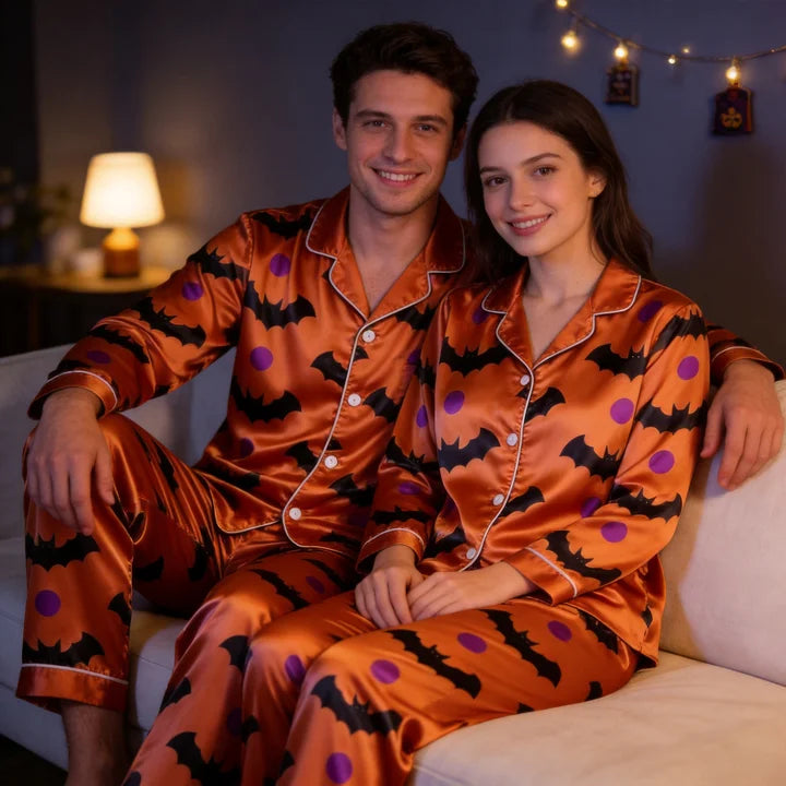 Bat and Polka Dot Satin Matching Pajamas for Couples ¨C Long Sleeve Button-Down Top & Pants Sleepwear Set