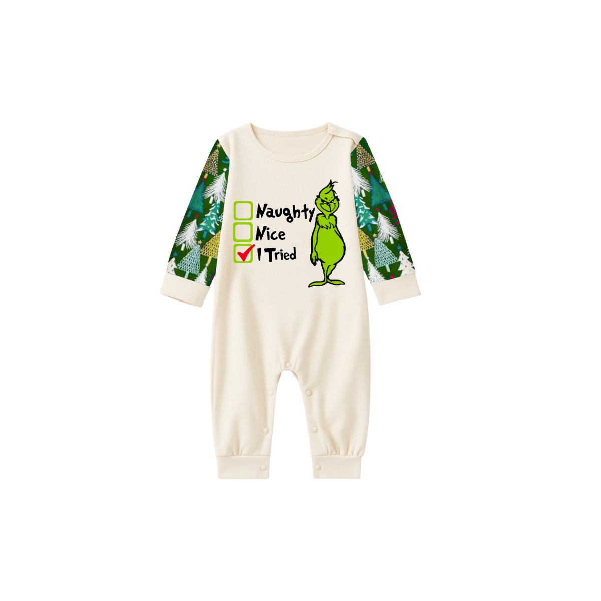 I Tried Grinch Christmas Pajama Set with Holiday Trees and Fun Prints
