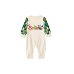 Believe Letter Print Family Pajamas Set - Cream Top, Green Pants, Christmas Tree Pattern