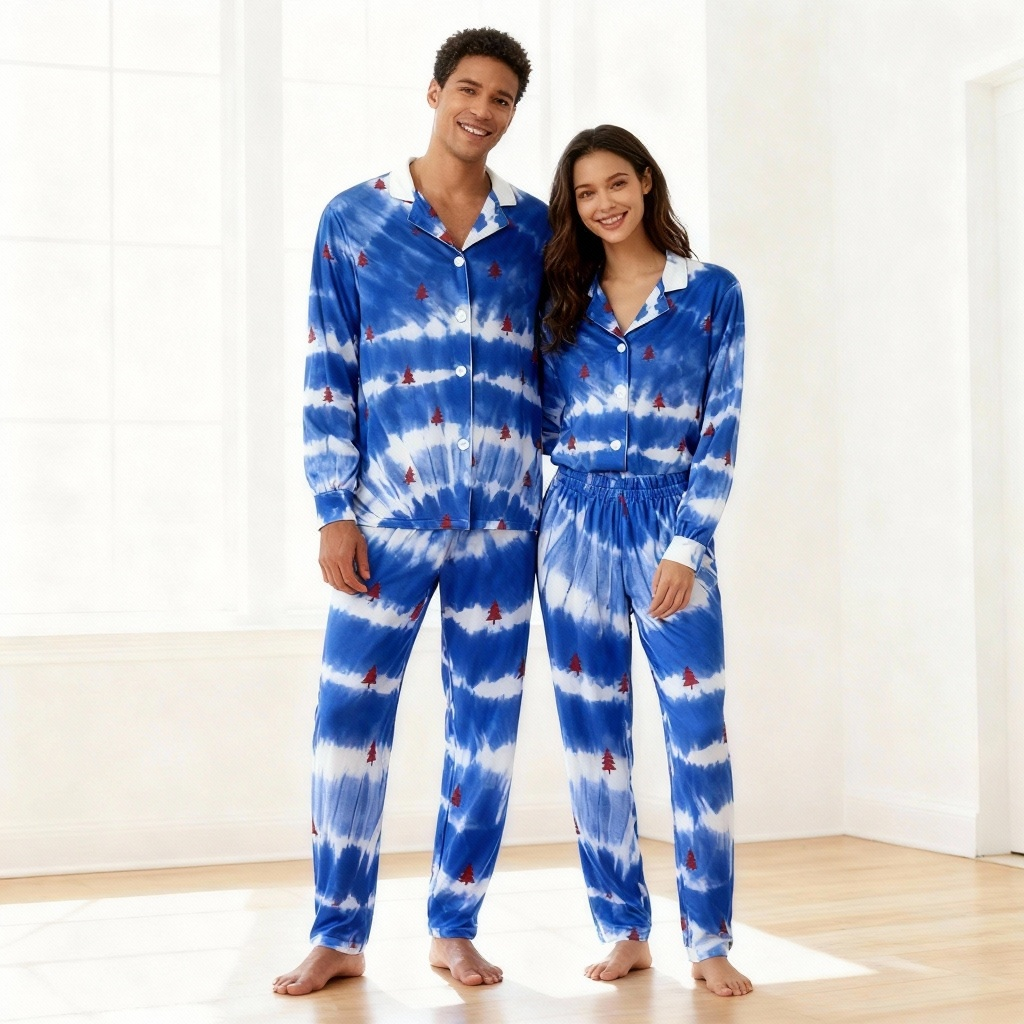 Holiday Couple Button-Up Blue & Tree Tie-dyed Christmas Pajamas Set