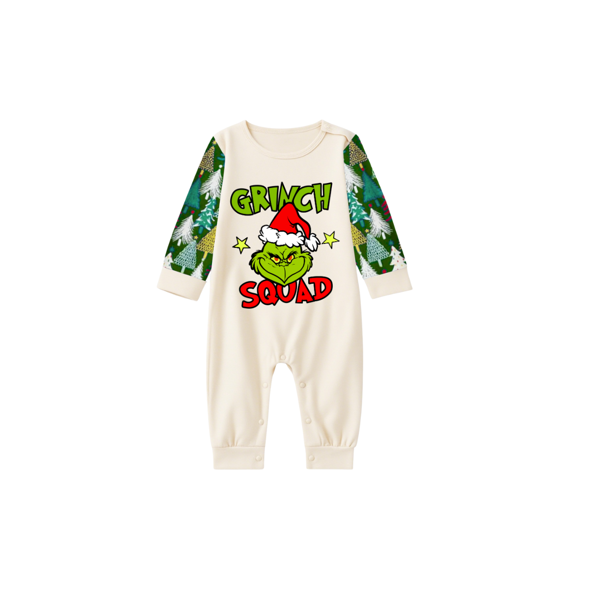 Grinch Squad Family Christmas Pajamas - White Top with Christmas Tree Pants