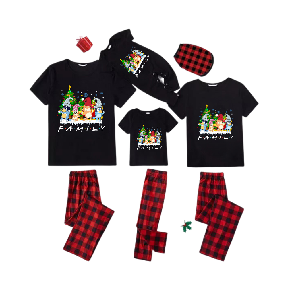 Family Christmas Cartoon Family Pajamas Set - Black Top Red Pants Red Plaid Pattern Cartoon Family Print