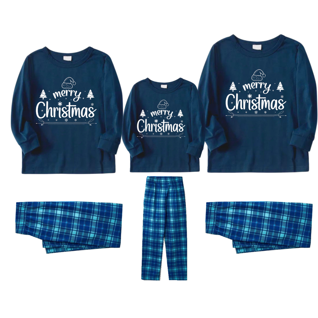 "Merry Christmas" White Letter 2026 Blue Long Sleeve Top With Blue Plaid Family Matching Pajamas