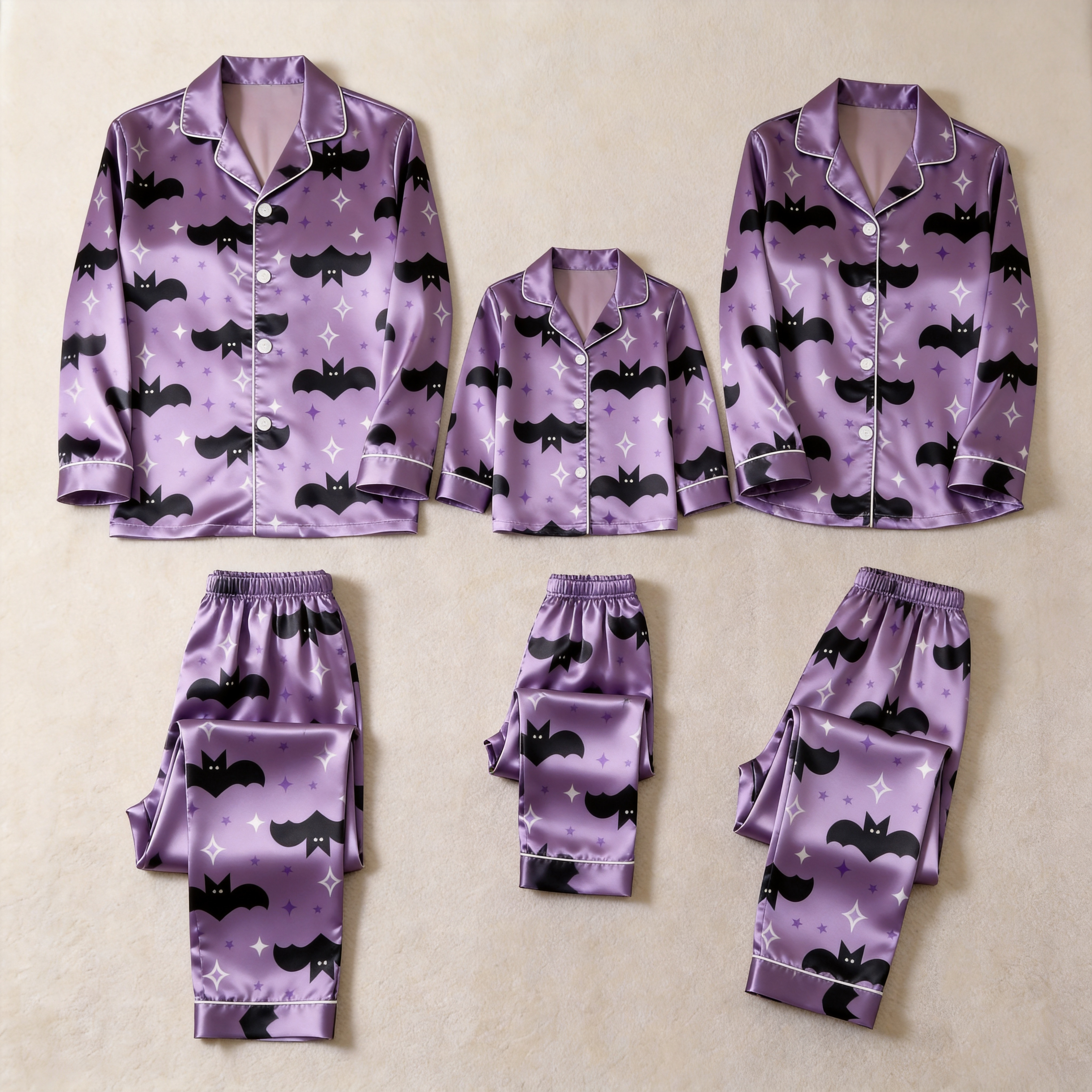 Bat and Star Print Satin Button-Up Family Pajamas Set