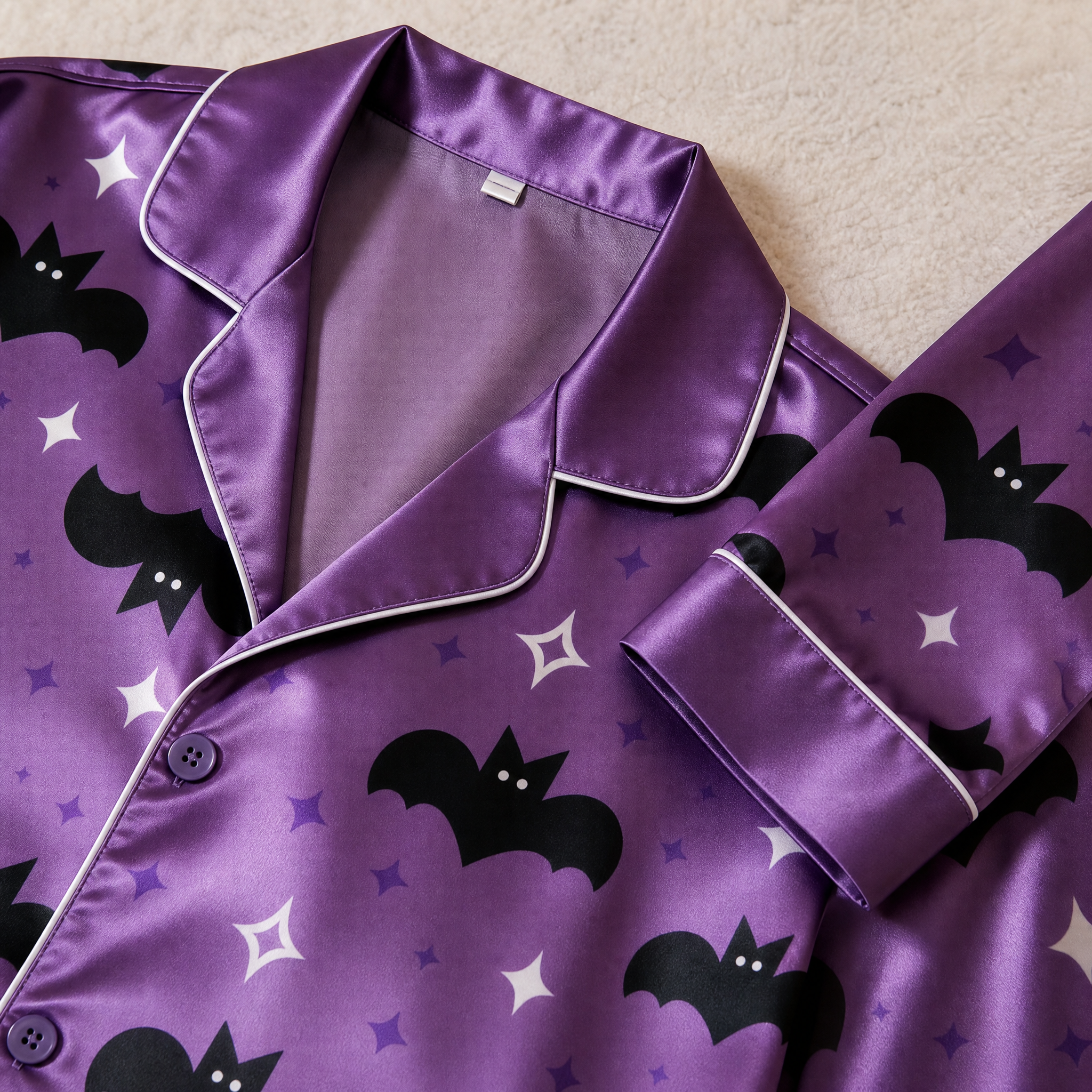 Bat and Star Print Satin Matching Pajamas for Couples ¨C Long Sleeve Button-Down Top & Pants Sleepwear Set