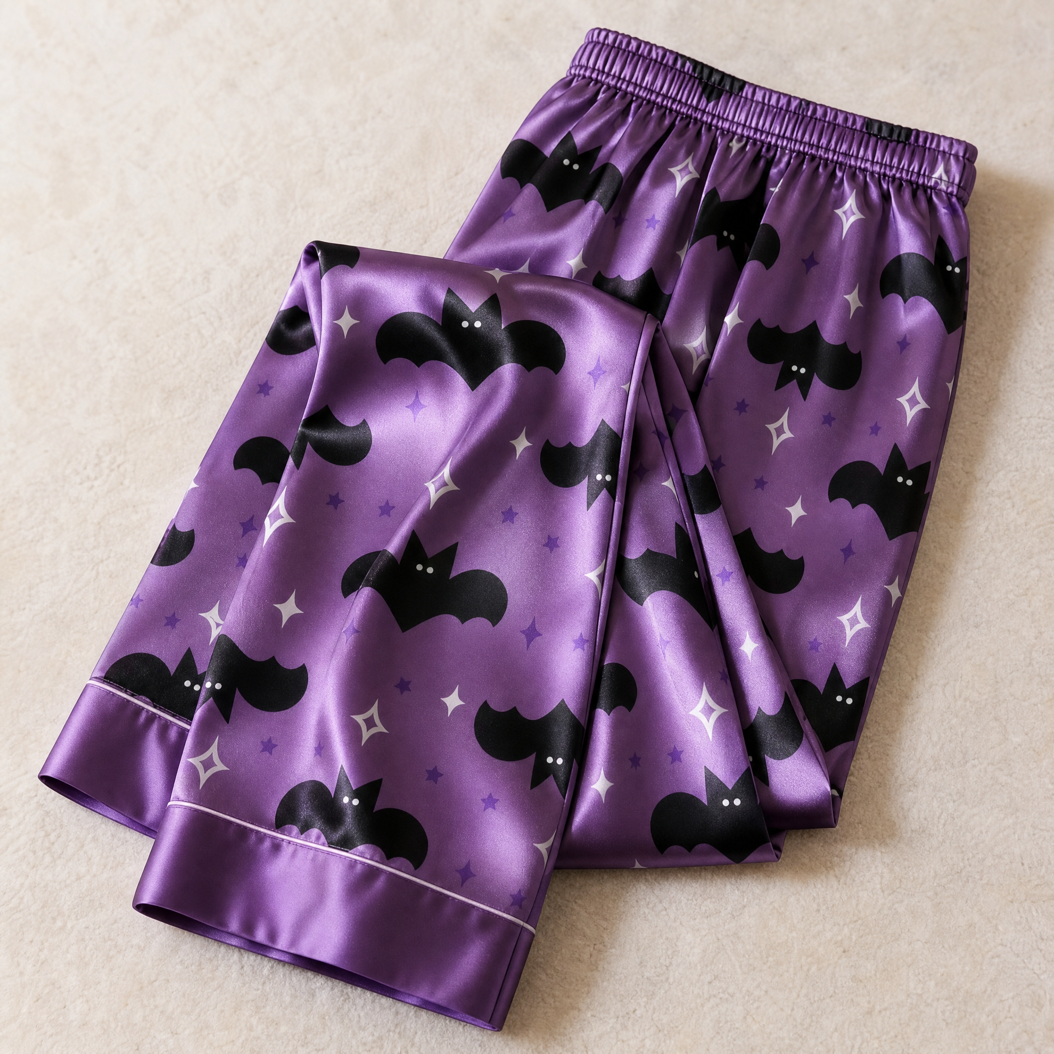 Bat and Star Print Satin Matching Pajamas for Couples ¨C Long Sleeve Button-Down Top & Pants Sleepwear Set