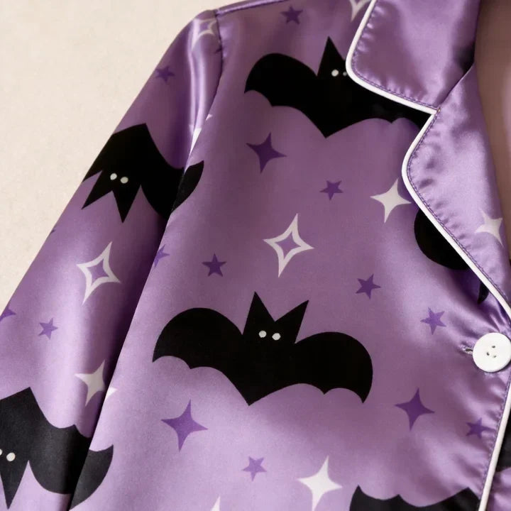 Bat and Star Print Satin Button-Up Family Pajamas Set