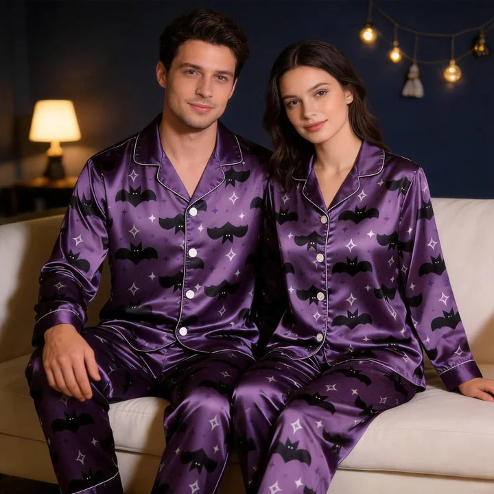 Bat and Star Print Satin Matching Pajamas for Couples ¨C Long Sleeve Button-Down Top & Pants Sleepwear Set