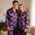 Bat and Star Print Satin Matching Pajamas for Couples ¨C Long Sleeve Button-Down Top & Pants Sleepwear Set