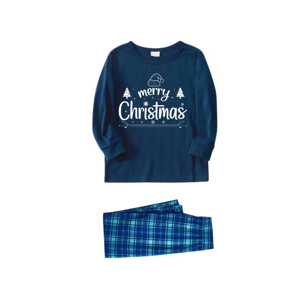 "Merry Christmas" White Letter 2026 Blue Long Sleeve Top With Blue Plaid Couple Matching Pajamas
