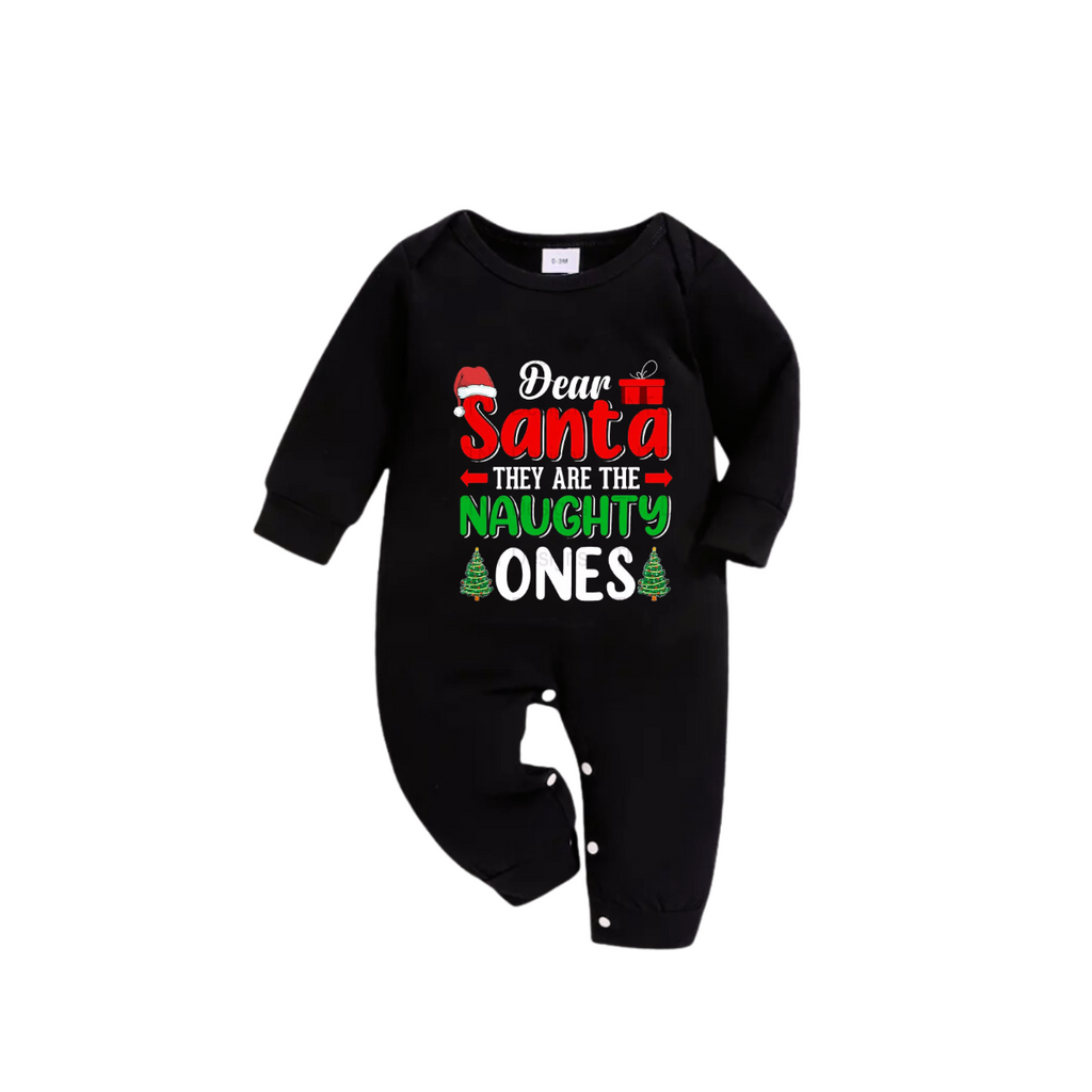 "Dear Santa They Are The Naughty Ones" Text And Santa Hat Tree Pattern Black Long Sleeve Top