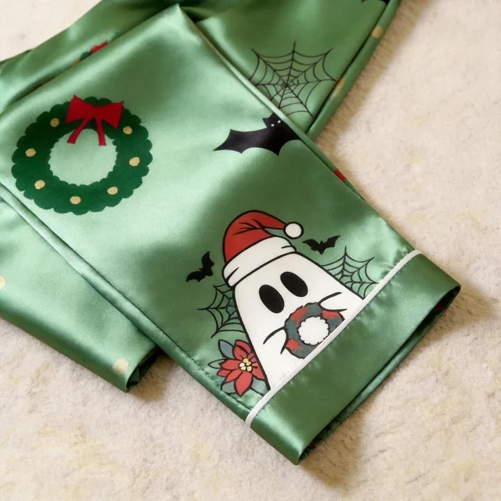 Spooky Holiday Print Satin Matching Pajamas for Couples ¨C Long Sleeve Button-Down Top & Pants Sleepwear Set