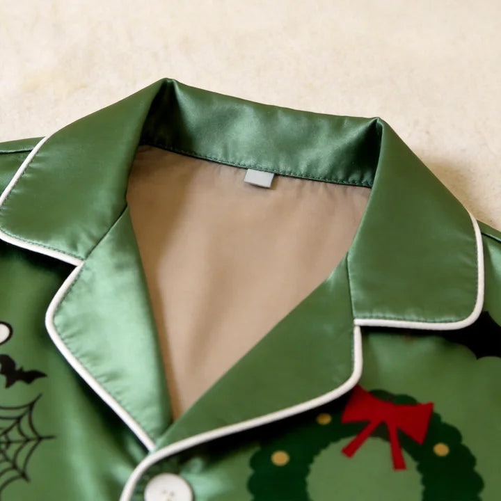 Spooky Holiday Print Satin Matching Pajamas for Couples ¨C Long Sleeve Button-Down Top & Pants Sleepwear Set