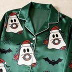 Green Ghost & Wreath Print Satin Button-Up Family Halloween Pajamas Set